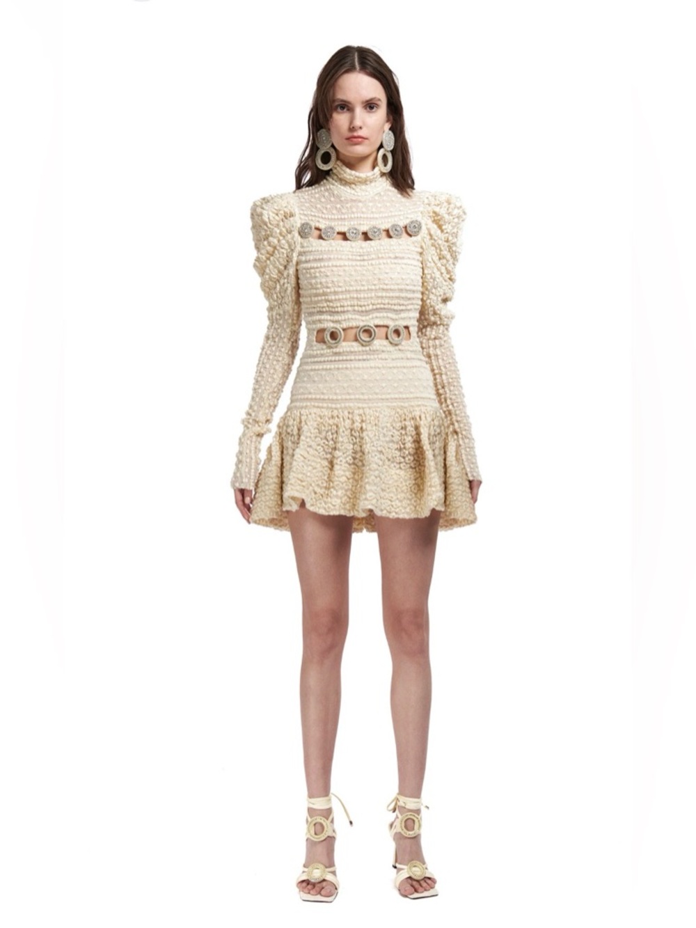 High-Neck Cream Mini Dress with Decorative Ring Accents
